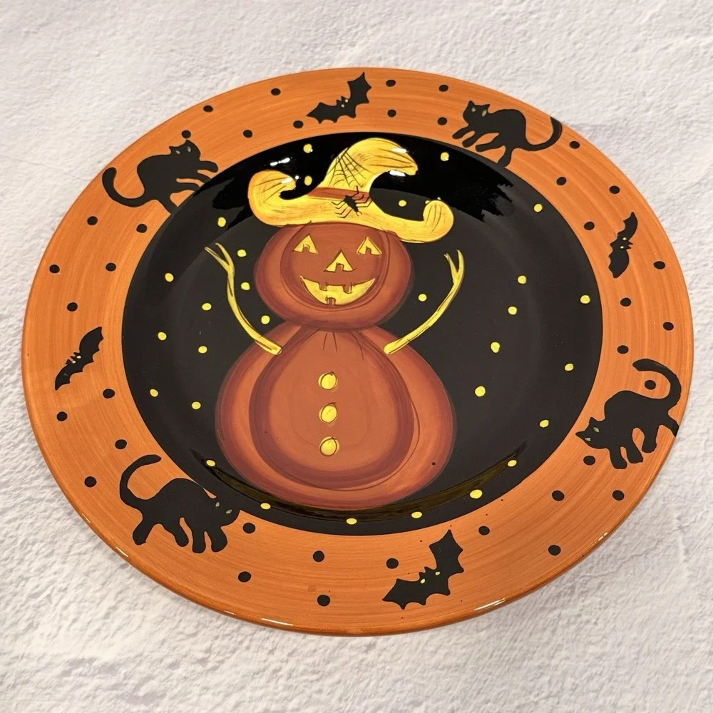 Laurie Gates Halloween Ware Ceramic Pumpkin Snowman Plate Fall Decor Cats Bats